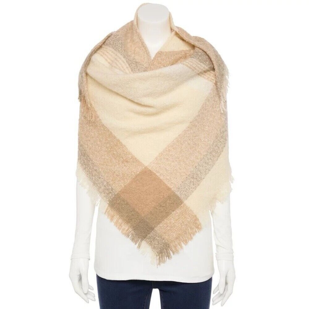 Sonoma Neutral Plaid Good For Life Slub Yarn Boucle Yarn Triangle Scarf